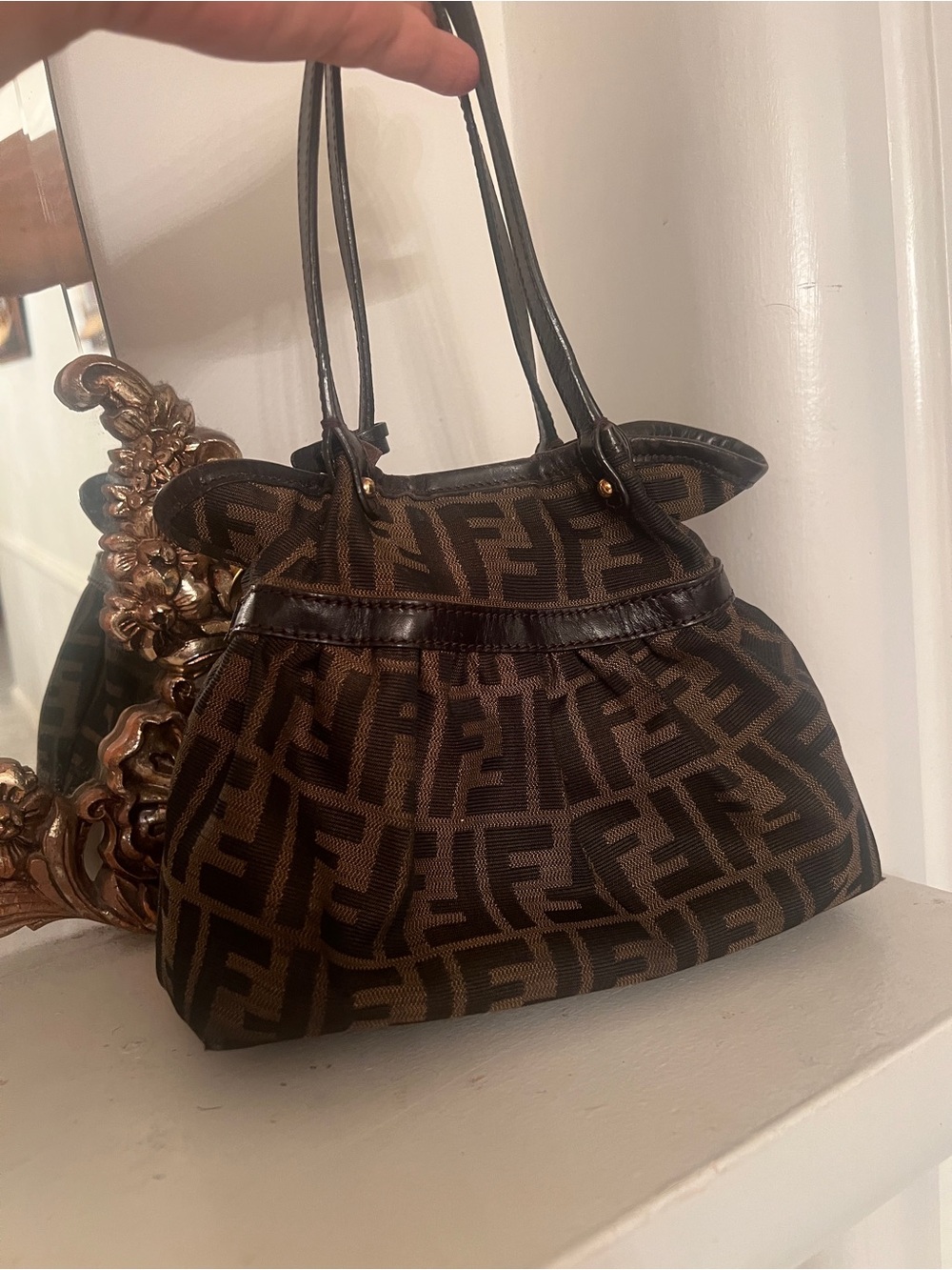 Fendi Brown and Black FF Monogram Pleated Shoulder Bag mini with Gold Charm - Picture 2 of 10